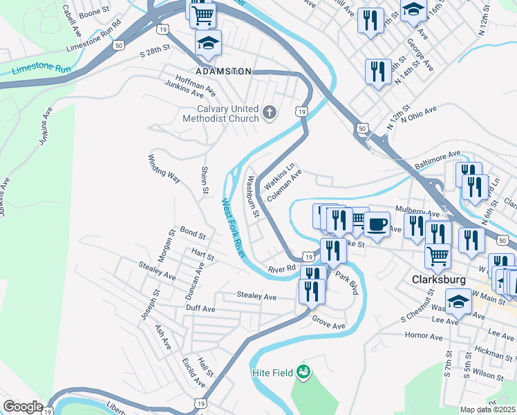 map of restaurants, bars, coffee shops, grocery stores, and more near 945 West Pike Street in Clarksburg