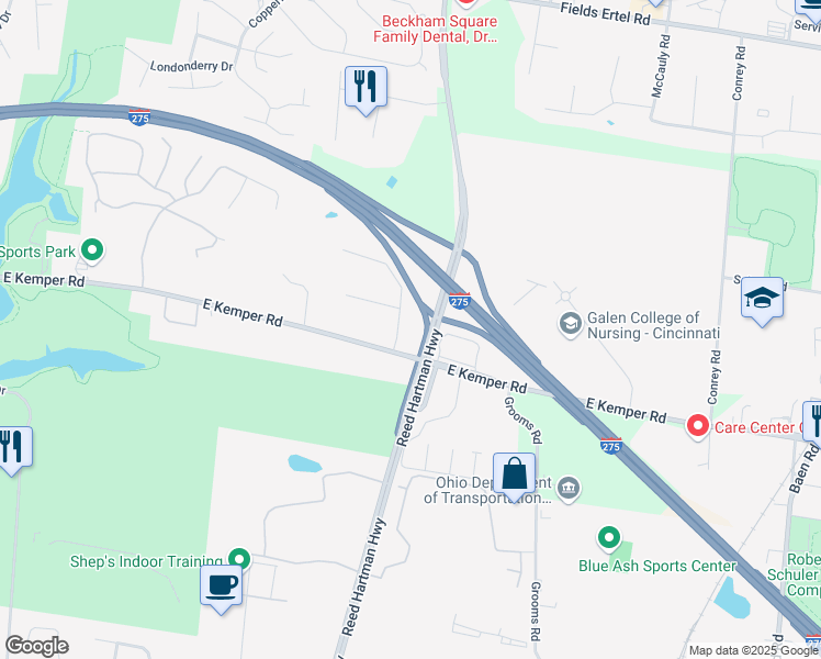 map of restaurants, bars, coffee shops, grocery stores, and more near 6010 East Kemper Road in Cincinnati