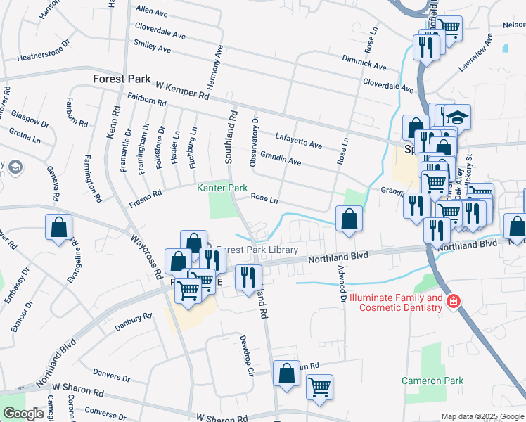 map of restaurants, bars, coffee shops, grocery stores, and more near 11310 Southland Road in Cincinnati