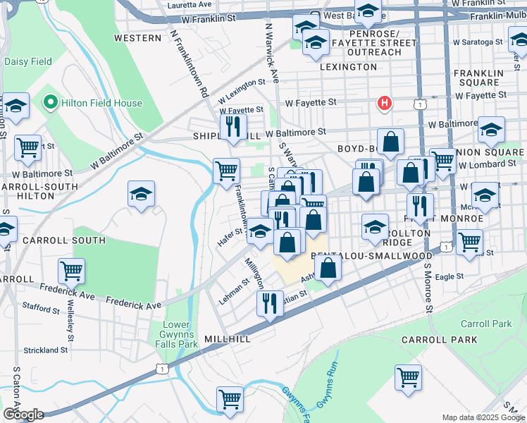 map of restaurants, bars, coffee shops, grocery stores, and more near 2516 McHenry Street in Baltimore