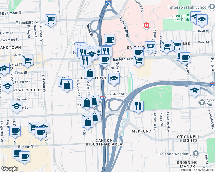 map of restaurants, bars, coffee shops, grocery stores, and more near Fait Avenue in Baltimore