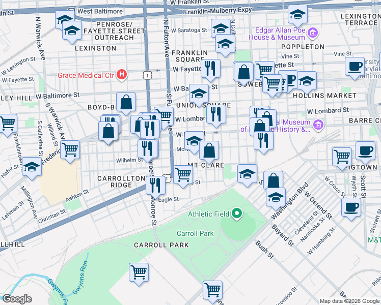 map of restaurants, bars, coffee shops, grocery stores, and more near 305 South Mount Street in Baltimore