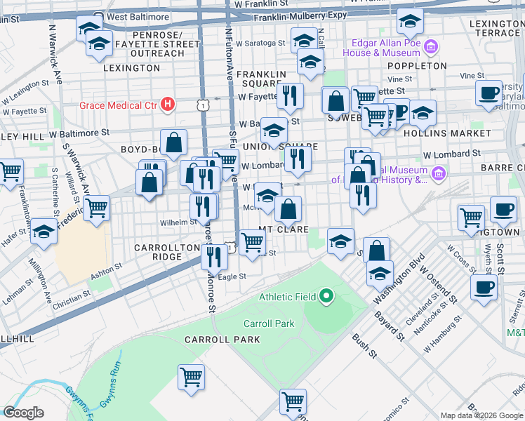 map of restaurants, bars, coffee shops, grocery stores, and more near 305 South Mount Street in Baltimore