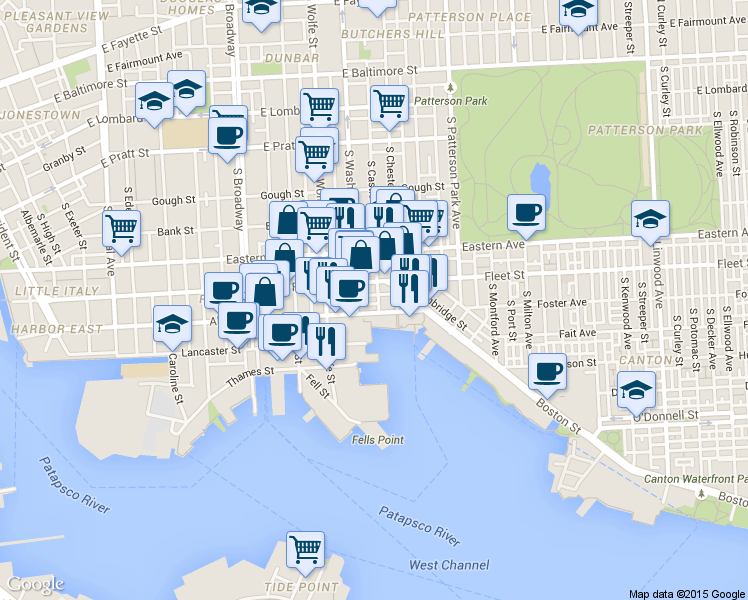 map of restaurants, bars, coffee shops, grocery stores, and more near 2019 Fountain Street in Baltimore