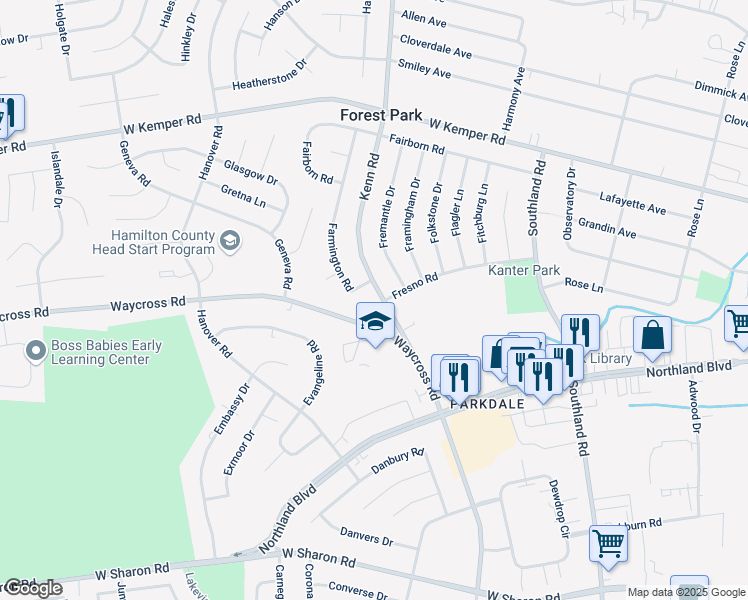 map of restaurants, bars, coffee shops, grocery stores, and more near 826 Faith Way in Cincinnati