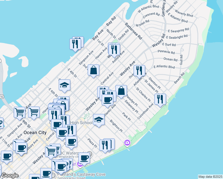 map of restaurants, bars, coffee shops, grocery stores, and more near 317 Wesley Avenue in Ocean City