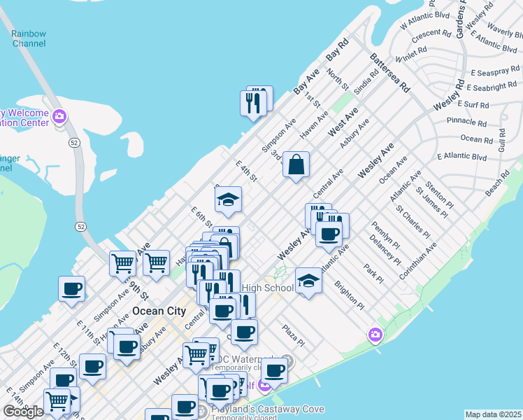 map of restaurants, bars, coffee shops, grocery stores, and more near 461 West Avenue in Ocean City