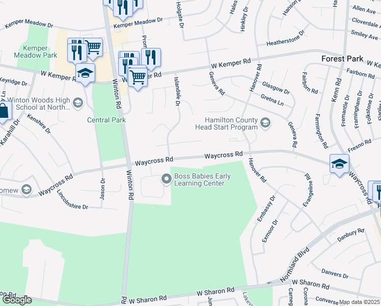 map of restaurants, bars, coffee shops, grocery stores, and more near 1079 Waycross Road in Cincinnati