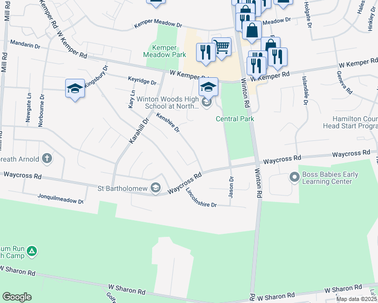 map of restaurants, bars, coffee shops, grocery stores, and more near 1444 Kelvin Court in Cincinnati
