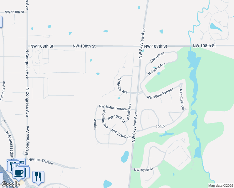 map of restaurants, bars, coffee shops, grocery stores, and more near 6717 Northwest 105th Street in Kansas City