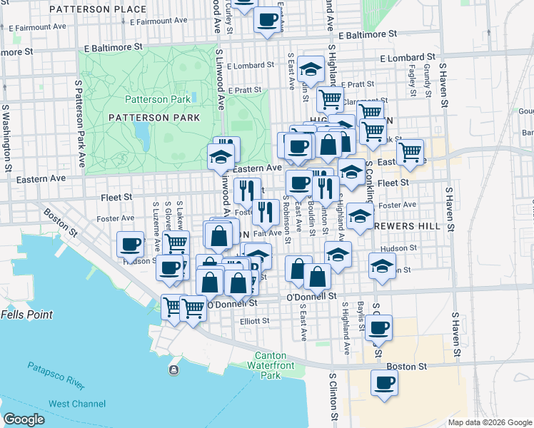 map of restaurants, bars, coffee shops, grocery stores, and more near 701 South Decker Avenue in Baltimore