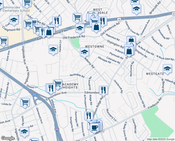 map of restaurants, bars, coffee shops, grocery stores, and more near 430 Greenlow Road in Catonsville