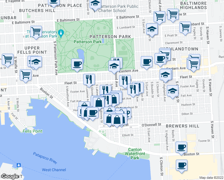 map of restaurants, bars, coffee shops, grocery stores, and more near Foster Ave & S Streeper St in Baltimore