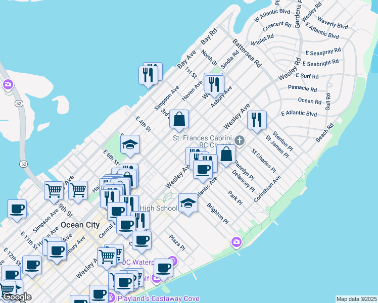 map of restaurants, bars, coffee shops, grocery stores, and more near 321 Central Avenue in Ocean City