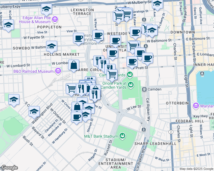 map of restaurants, bars, coffee shops, grocery stores, and more near 664 Washington Blvd in Baltimore