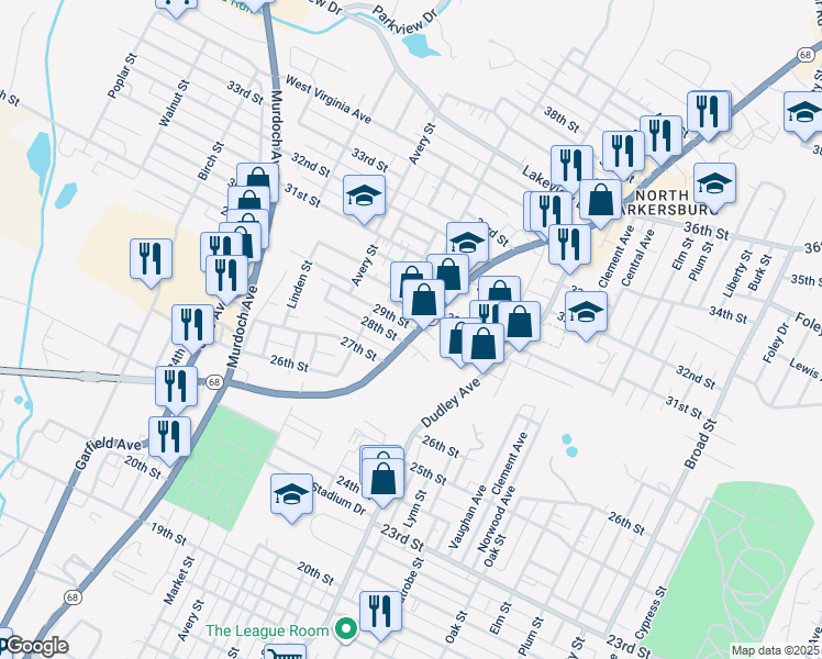 map of restaurants, bars, coffee shops, grocery stores, and more near 2821 Emerson Avenue in Parkersburg