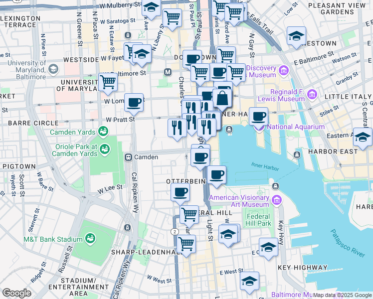 map of restaurants, bars, coffee shops, grocery stores, and more near S Charles St & W Conway St in Baltimore