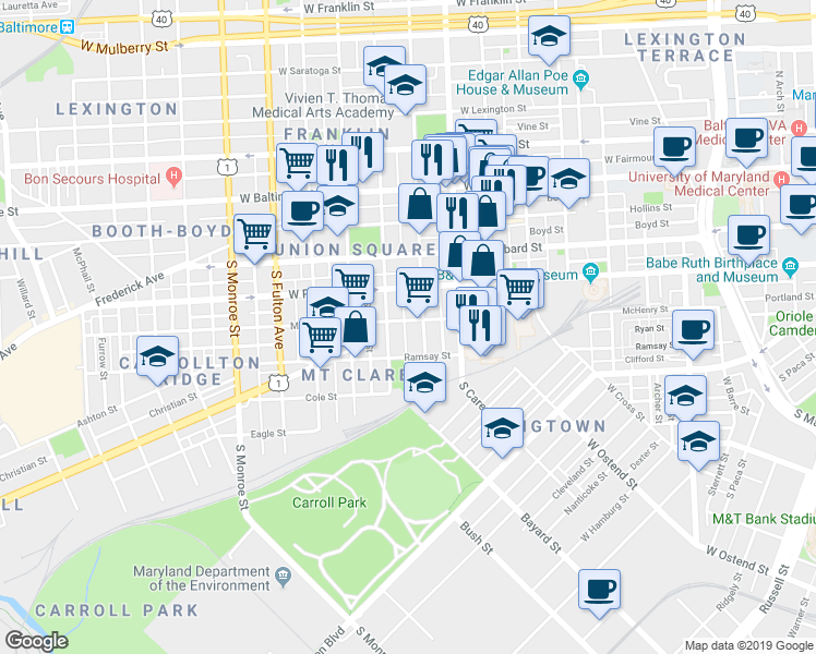 map of restaurants, bars, coffee shops, grocery stores, and more near 1409 McHenry Street in Baltimore