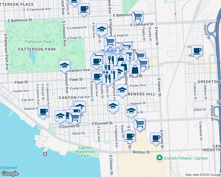 map of restaurants, bars, coffee shops, grocery stores, and more near 3311 Foster Avenue in Baltimore
