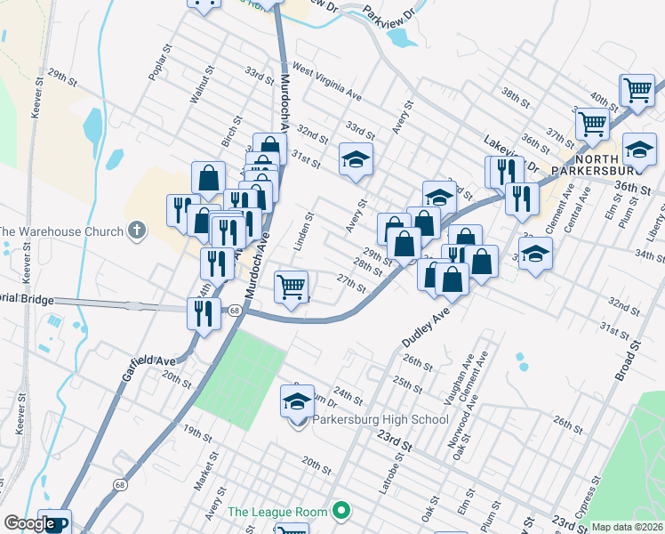 map of restaurants, bars, coffee shops, grocery stores, and more near 1003 28th Street in Parkersburg