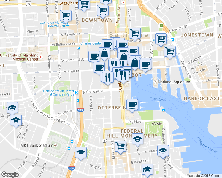 map of restaurants, bars, coffee shops, grocery stores, and more near 398 S Charles St in Baltimore