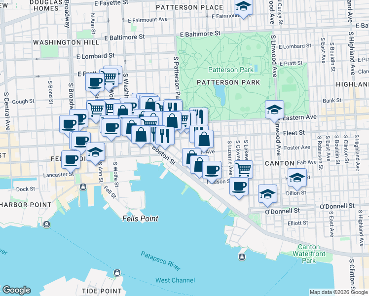 map of restaurants, bars, coffee shops, grocery stores, and more near 627 South Patterson Park Avenue in Baltimore