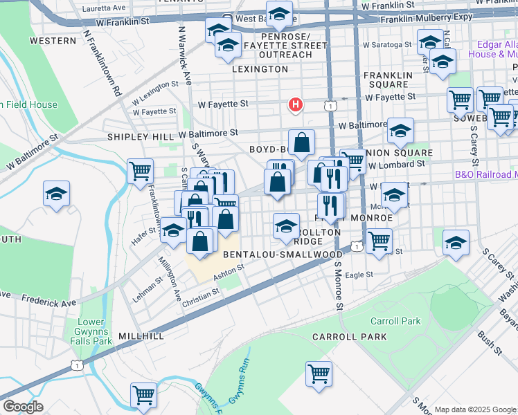 map of restaurants, bars, coffee shops, grocery stores, and more near 216 South Smallwood Street in Baltimore