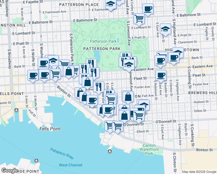 map of restaurants, bars, coffee shops, grocery stores, and more near 2612 Foster Avenue in Baltimore