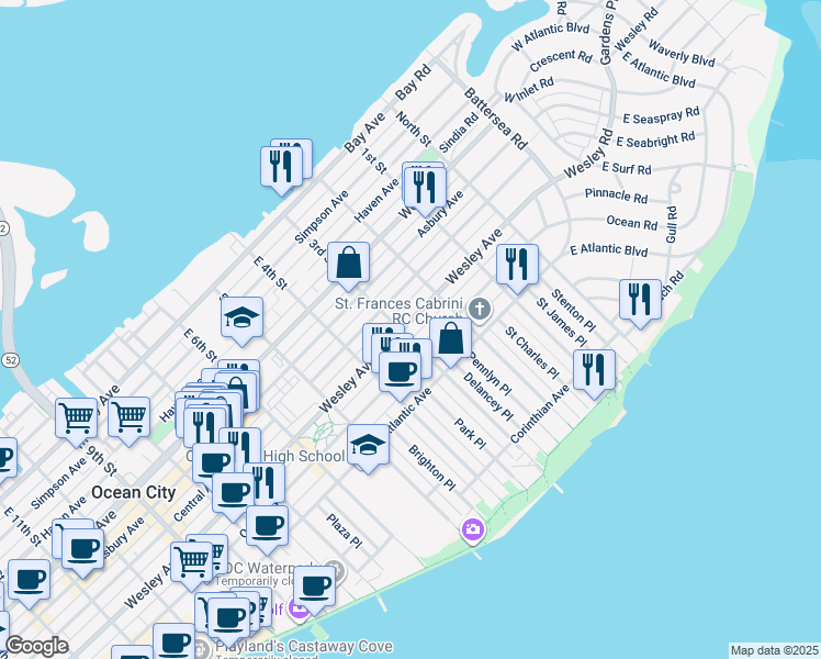 map of restaurants, bars, coffee shops, grocery stores, and more near 233 Central Avenue in Ocean City