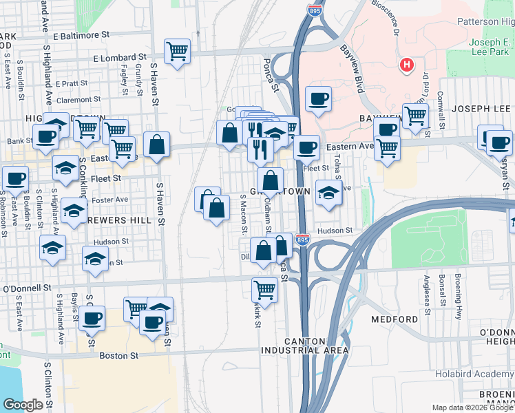 map of restaurants, bars, coffee shops, grocery stores, and more near 735 South Macon Street in Baltimore