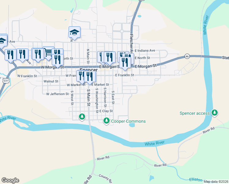 map of restaurants, bars, coffee shops, grocery stores, and more near 114 Worman Drive in Spencer