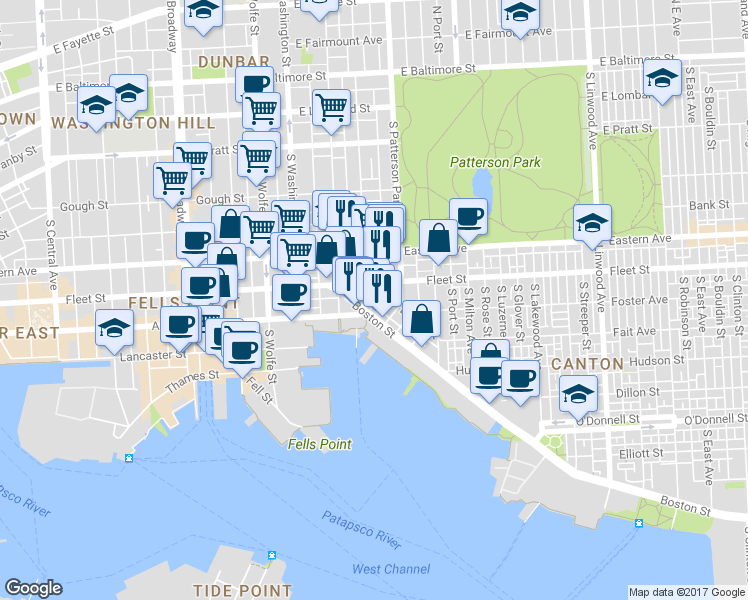 map of restaurants, bars, coffee shops, grocery stores, and more near 2132 Cambridge Street in Baltimore