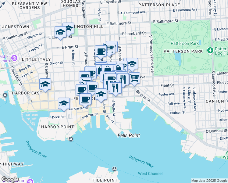map of restaurants, bars, coffee shops, grocery stores, and more near 607 South Wolfe Street in Baltimore