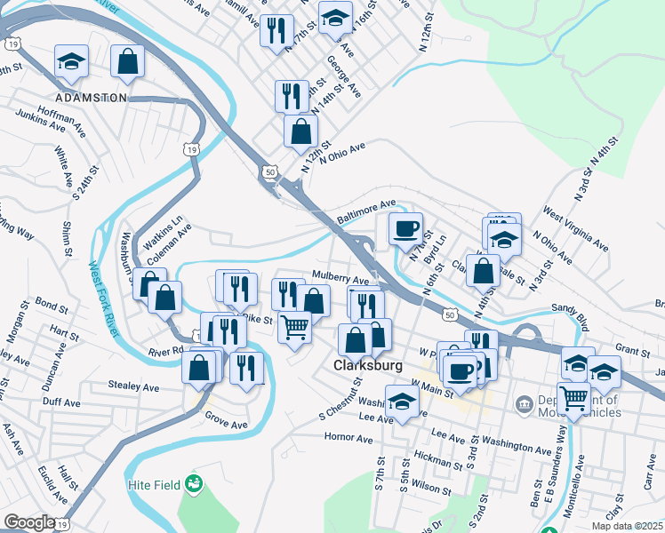 map of restaurants, bars, coffee shops, grocery stores, and more near 327 Sycamore Street in Clarksburg