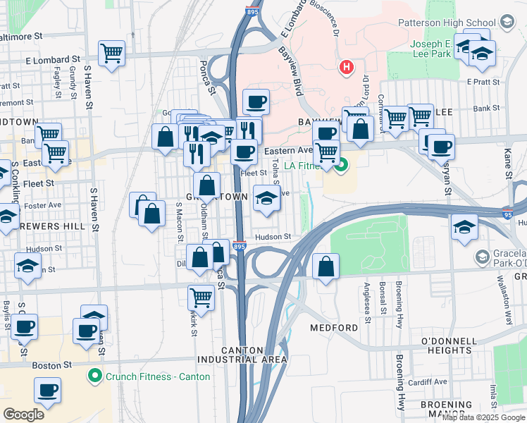 map of restaurants, bars, coffee shops, grocery stores, and more near 701 Rappolla Street in Baltimore