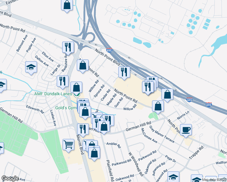 map of restaurants, bars, coffee shops, grocery stores, and more near 1229 North Point Road in Dundalk
