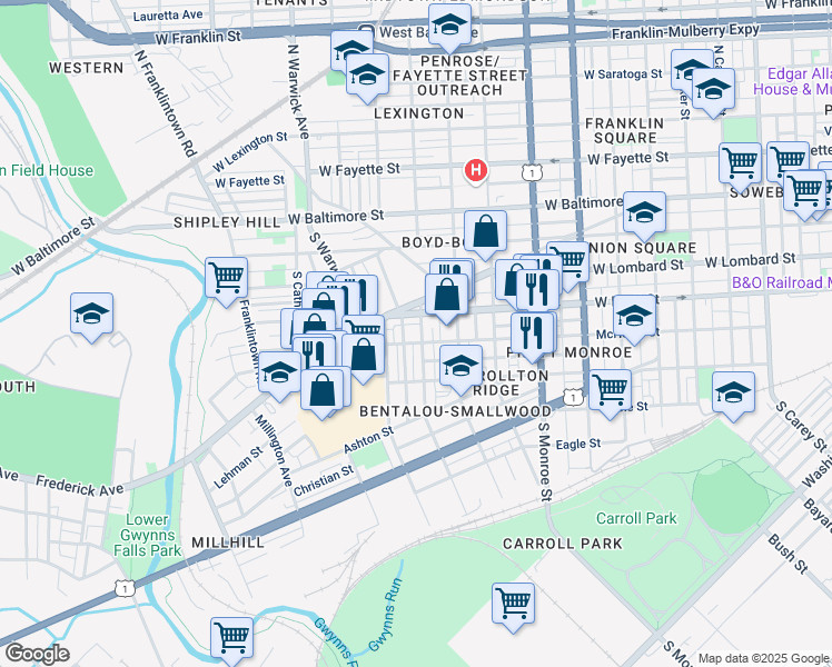 map of restaurants, bars, coffee shops, grocery stores, and more near 212 South Smallwood Street in Baltimore