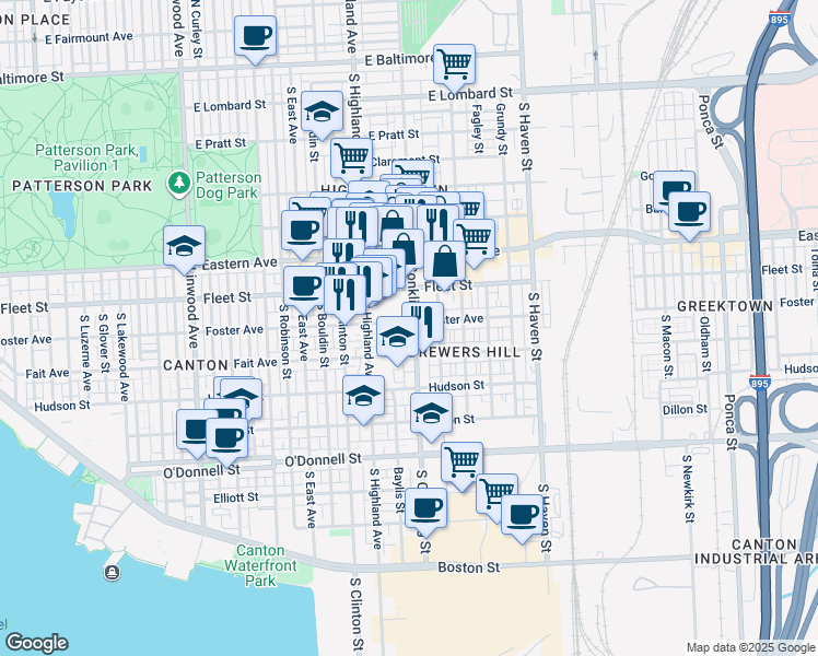map of restaurants, bars, coffee shops, grocery stores, and more near 704 South Conkling Street in Baltimore
