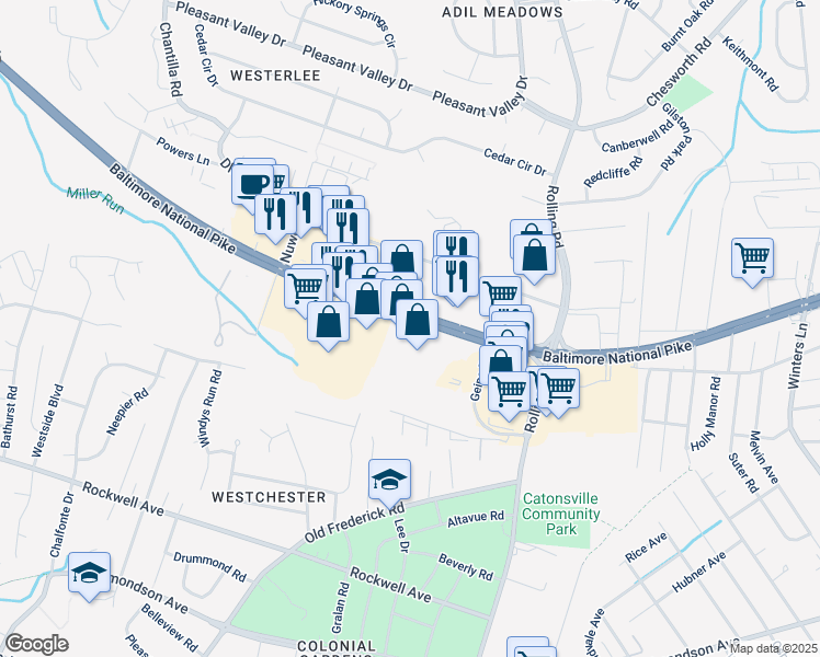 map of restaurants, bars, coffee shops, grocery stores, and more near 6421 Baltimore National Pike in Catonsville