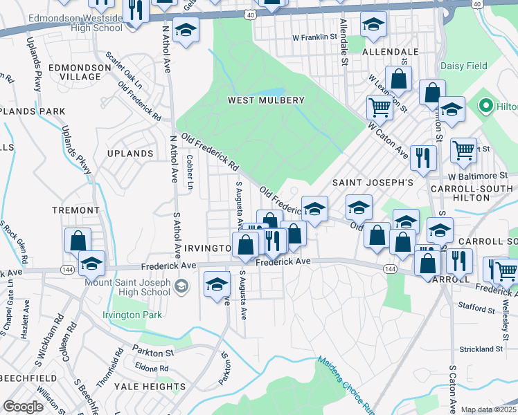 map of restaurants, bars, coffee shops, grocery stores, and more near 100 Collins Avenue in Baltimore