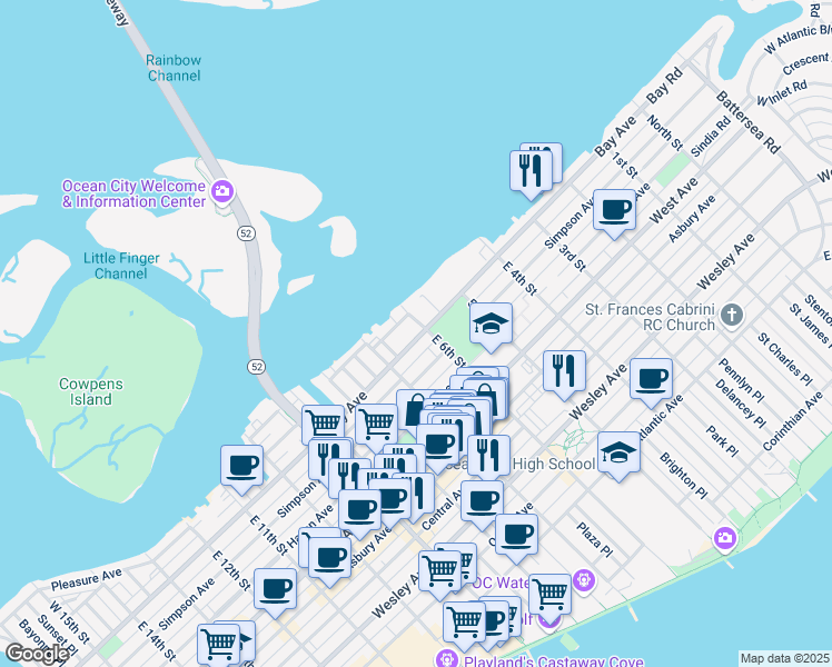 map of restaurants, bars, coffee shops, grocery stores, and more near 11 West 6th Street in Ocean City