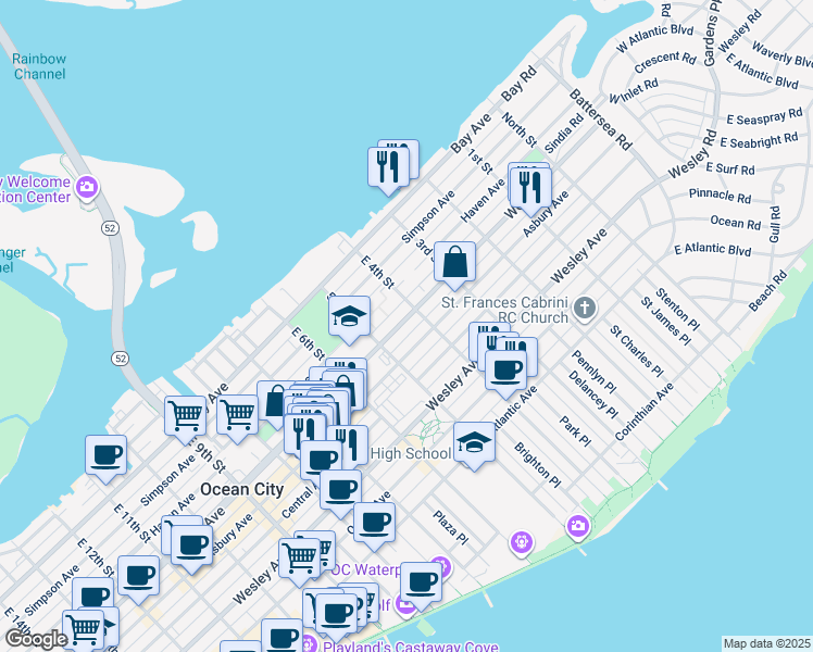 map of restaurants, bars, coffee shops, grocery stores, and more near 204 East 4th Street in Ocean City