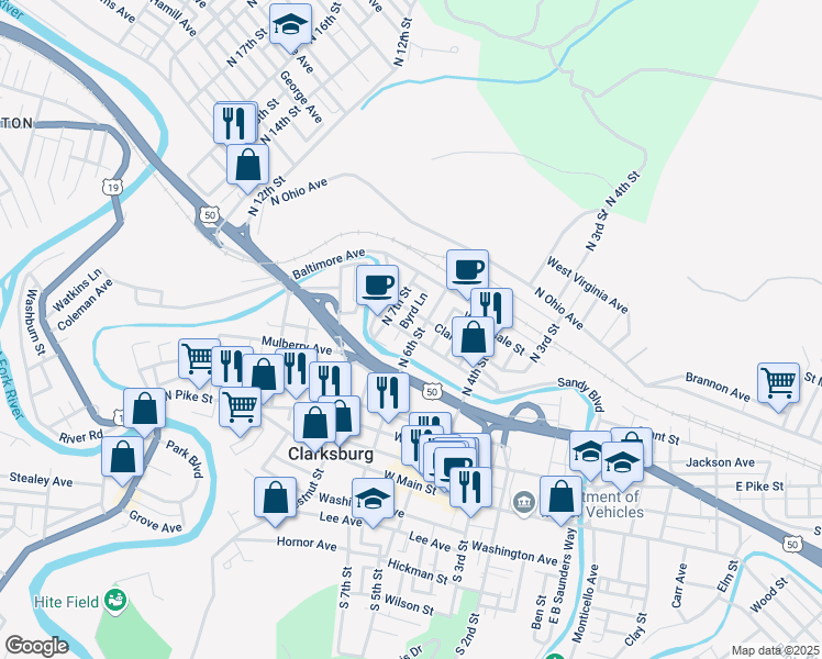 map of restaurants, bars, coffee shops, grocery stores, and more near 701-707 Clark Street in Clarksburg