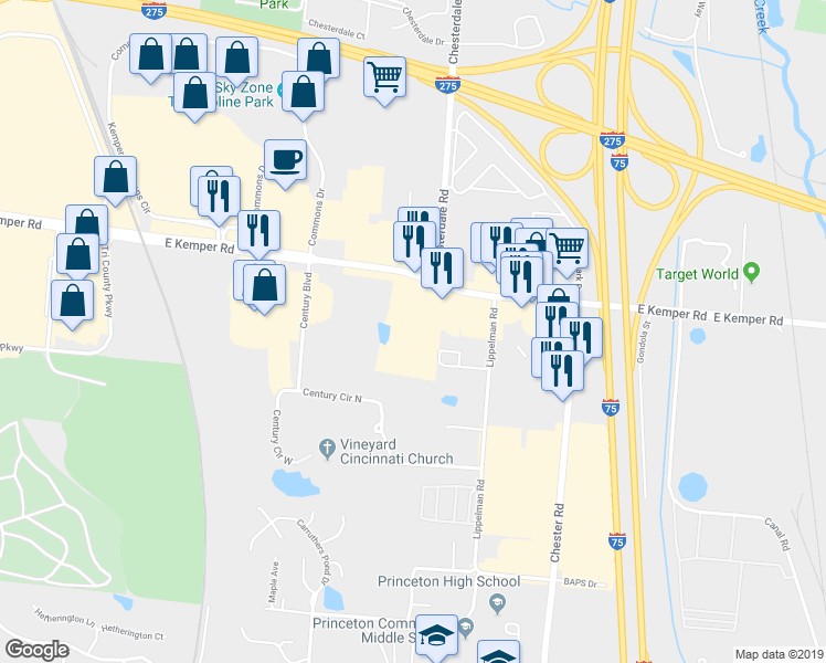 map of restaurants, bars, coffee shops, grocery stores, and more near 1333 E Kemper Rd in Springdale