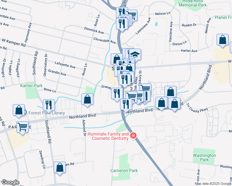 map of restaurants, bars, coffee shops, grocery stores, and more near 11525 Springfield Pike in Springdale
