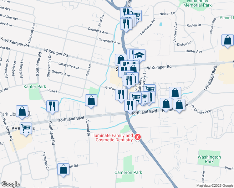 map of restaurants, bars, coffee shops, grocery stores, and more near 11525 Springfield Pike in Springdale