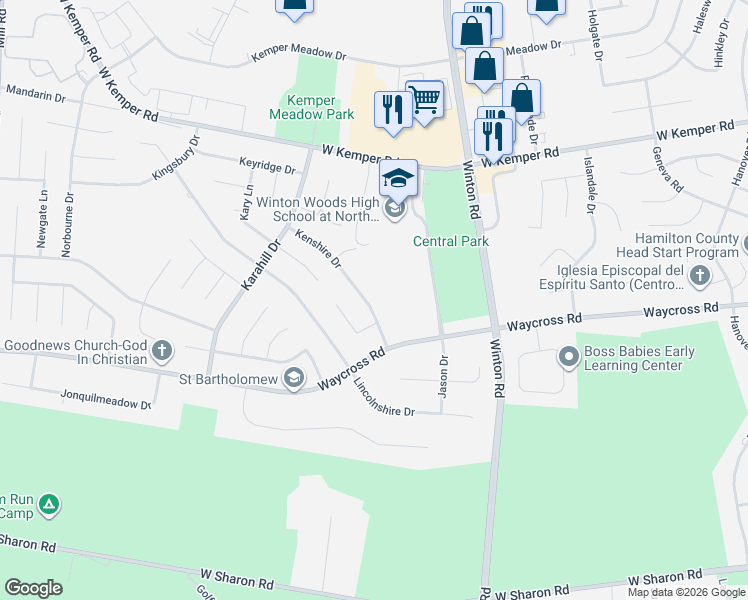 map of restaurants, bars, coffee shops, grocery stores, and more near 11346 Kenshire Drive in Cincinnati
