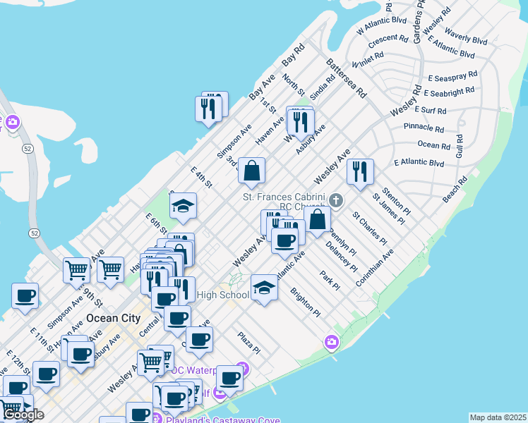map of restaurants, bars, coffee shops, grocery stores, and more near 321 Central Avenue in Ocean City