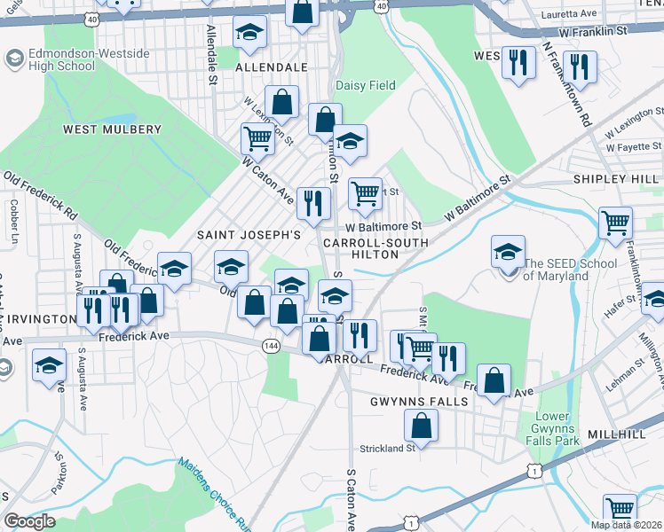 map of restaurants, bars, coffee shops, grocery stores, and more near 120 South Hilton Street in Baltimore