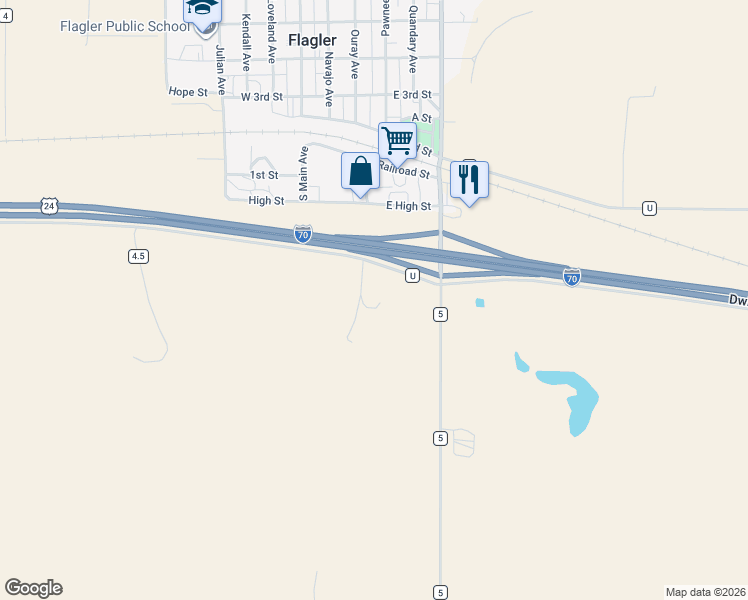 map of restaurants, bars, coffee shops, grocery stores, and more near 4794 Interstate 70 Frontage Road in Flagler